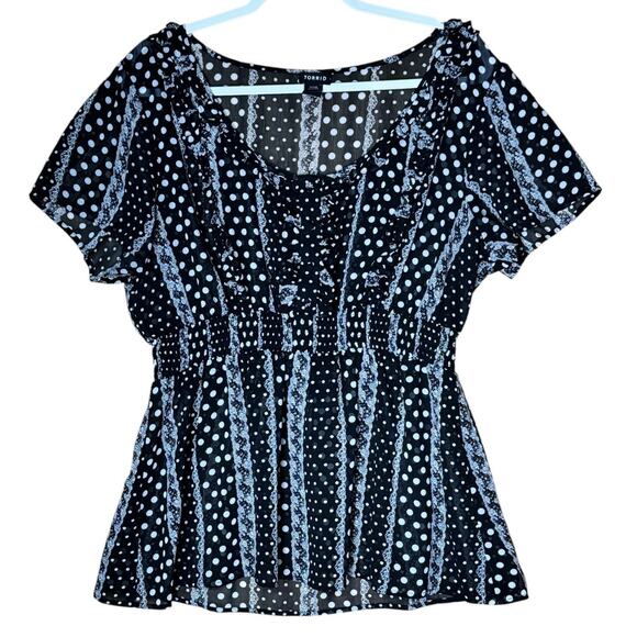 Torrid Plus Size 1X Black Sheer Babydoll Overlay Top Polka Dot Floral Flutter - Picture 1 of 6
